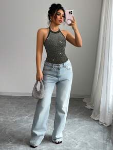 Selianne Women's Rhinestone Embellished Halter Bodysuit - Grey - View 3