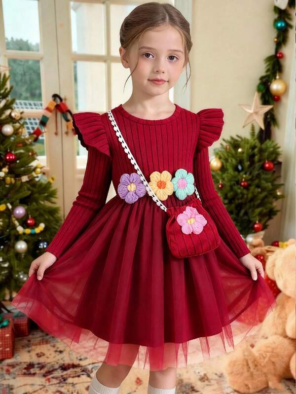 Glamorique Kids Girls' Knitted Mesh Patchwork Dress With Ruffle Hem, Long Sleeve Colorful 3D Flower Decor, Comes With Sling Bag, Sweet Princess Style