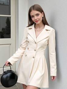 SHEIN Girls' Casual Comfortable Gentle Elegant Versatile V-Neck Button Pleated Hem Fitted Jacket Fall Winter