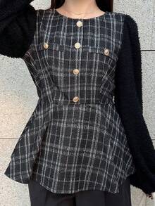 FRIFUL Women's Round Neck Thick Fabric Patchwork Faux Fur Metal Button Decor Ruffle Hem Long Sleeve Pullover T-Shirt - Black - View 6