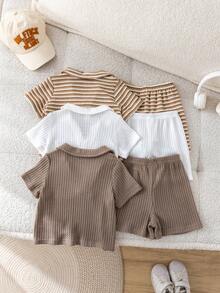 SHEIN 6件套男宝宝夏季可爱休闲条纹polo衫短裤套装，适合生日派对、晚宴、演出、婚礼、迎婴派对、满月庆祝和一周岁生日等场合。 - 彩色 - 查看 2