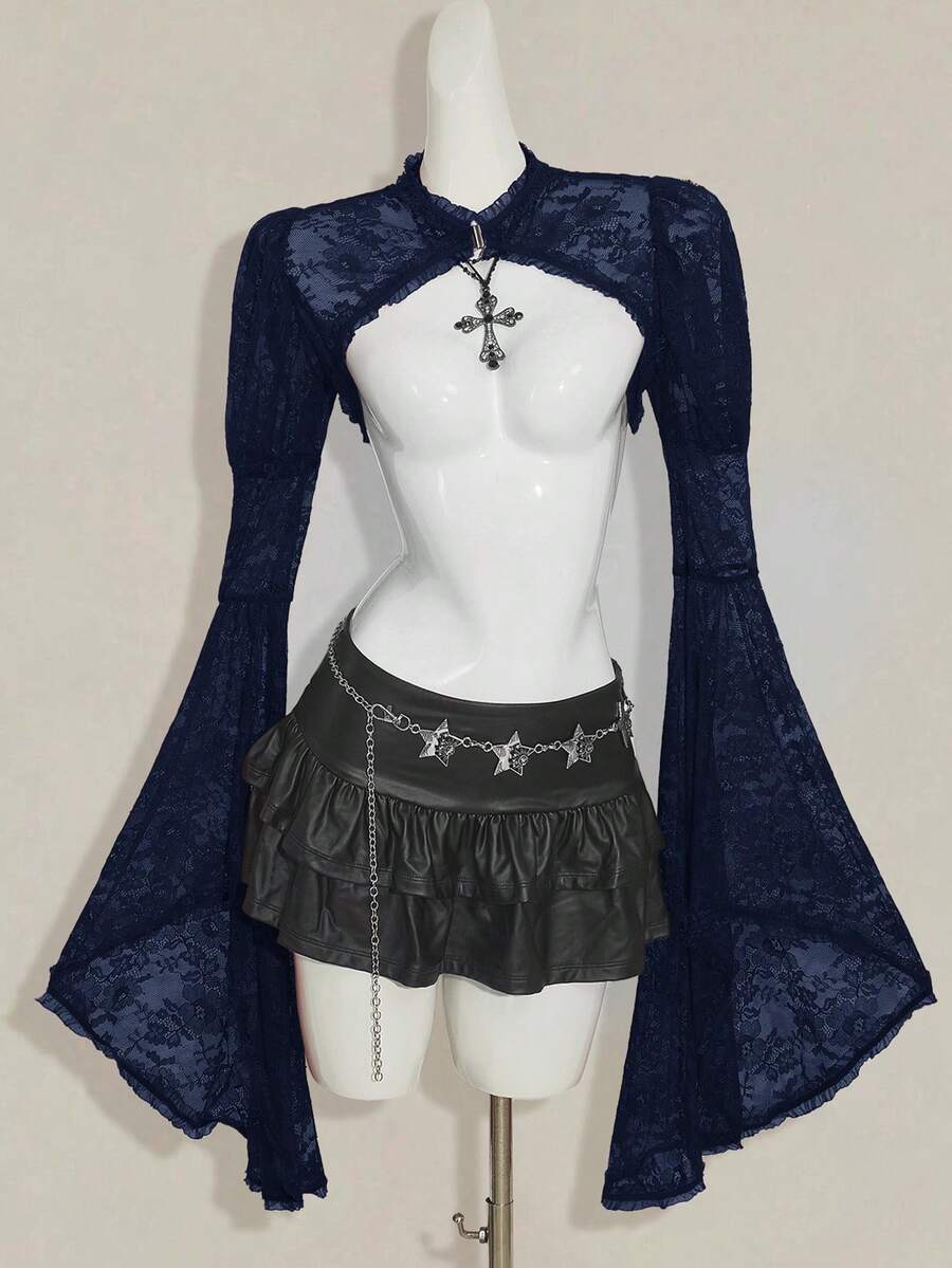 SHEIN ICON 女式哥特式蕾丝喇叭袖长下摆万圣节服装T恤 - 藏蓝色 - 查看 1