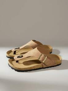 Solecia Women's Fashionable Casual Buckle Detail Post Toe Flatform Sandals, Summer - Khaki - View 2