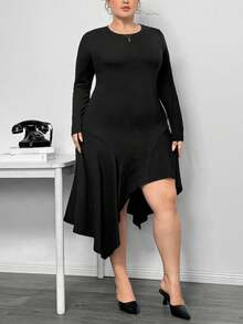 Truni Itsmisslys Plus Size Women's Knit High Stretch Long Sleeve Dress, Asymmetrical Hem Slit Black Mid-Length Dress, For Pear Triangle Body Shape - Black - View 4