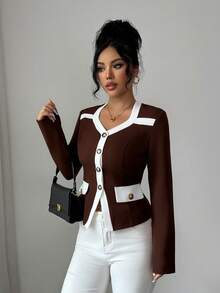Elenzga Women's Asymmetrical Collar Long Sleeve Blouse,Brown And White Contrast Color Splice Metal Button Pocket Decor Waist Fitted Autumn Elegant Office - Multicolor - View 4