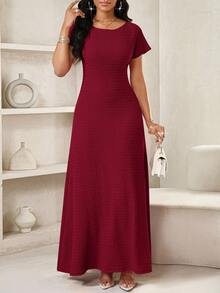 SHEIN Lady Váy dài nữ mùa hè thiết kế cao cấp vải dệt kim jacquard họa tiết thiết kế ngách eo thanh lịch - Màu Đỏ Sâu - Xem 3