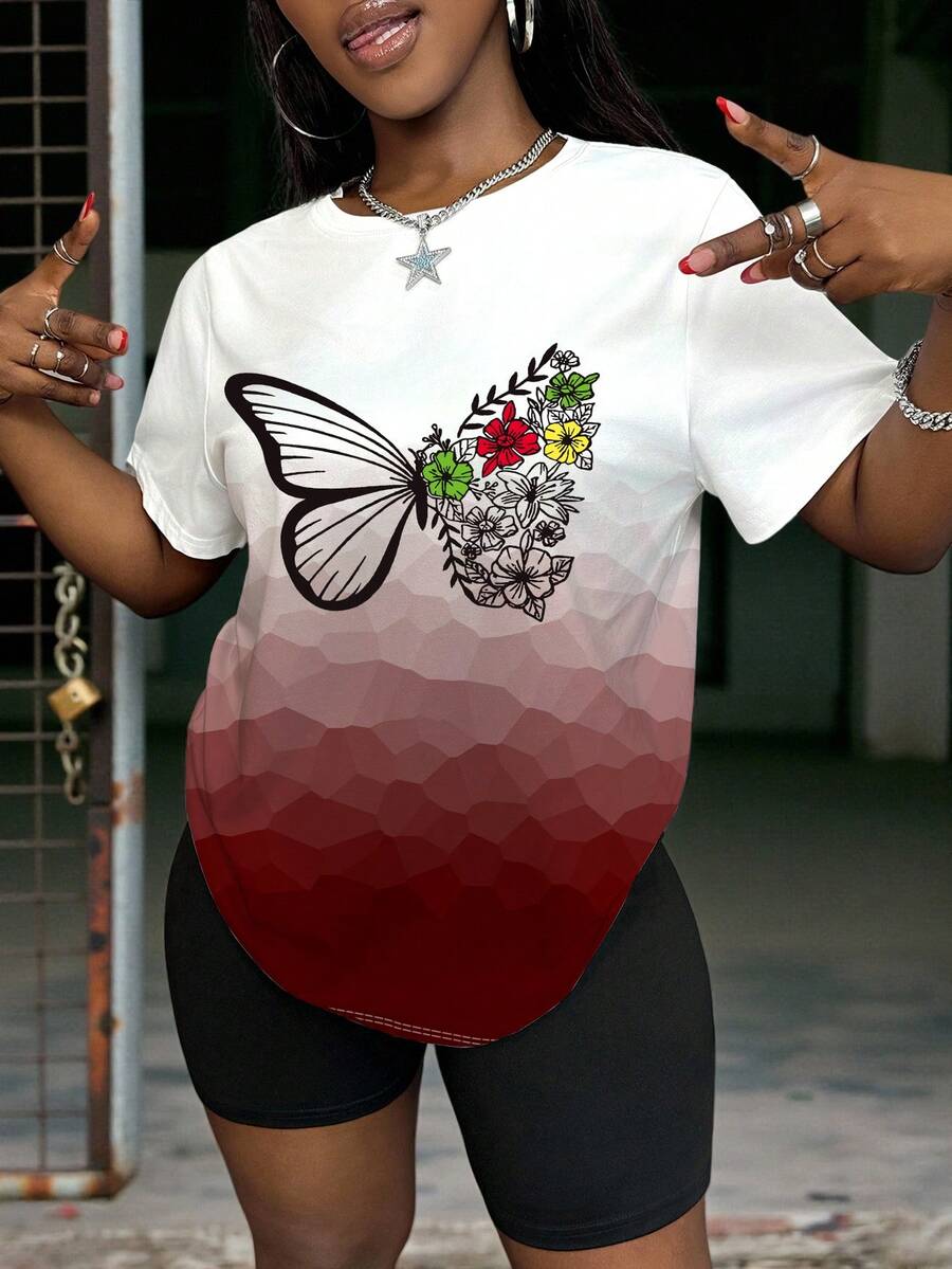 Zolique 女士休闲蝴蝶印花短袖T恤，夏季 - 彩色 - 查看 1