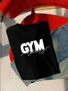 Plus Size Summer Casual Letter Print Cropped T-Shirt - Black - View 3