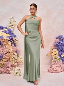 SHEIN Belle 优雅、浪漫、绿色、编织哑光、缎带装饰、露肩、无肩带、修身、鱼尾伴娘礼服 - 橄欖綠 - 查看 3