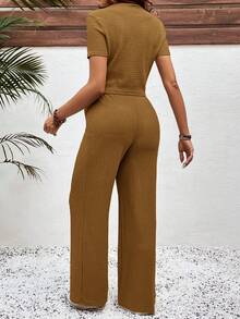 SHEIN 2件套孕妇休闲纯色纹理短袖上衣和裤子套装，夏季 - 咖啡棕 - 查看 2