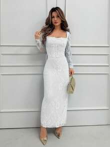 Jemour Đầm Maxi Đen Ôm Hông Cổ Vuông Ren Hình Chữ S Gợi Cảm Cho Nữ, Tay Dài, Cúp Ngực, Cổ Xương Cá, Dự Tiệc Mùa Hè Mới - trắng - Xem 1