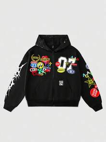 ROMWE MEN Street Life Boy's Sparkly Sequin Print Sweatshirt Sweatshirt, Loose Fit - Black - View 1