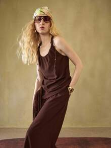 MOTF STUDIO 2 PIEZAS CONJUNTO CASUAL DE MUJER CON TOP Y PANTALONES CON CUERDA TRENZADA Y ADORNO DE CUENTAS - Café integral - Ver 1