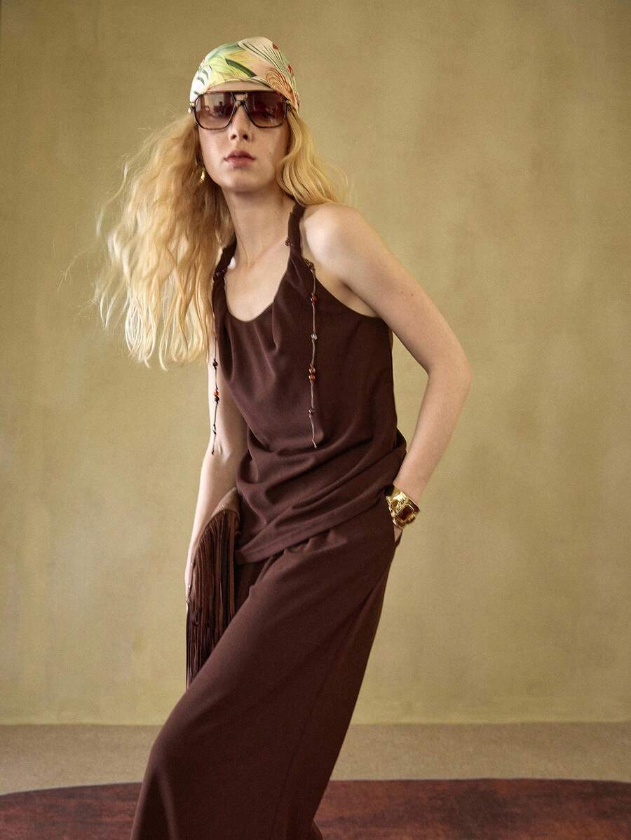 MOTF STUDIO 2 PIEZAS CONJUNTO CASUAL DE MUJER CON TOP Y PANTALONES CON CUERDA TRENZADA Y ADORNO DE CUENTAS - Café integral - Ver 1