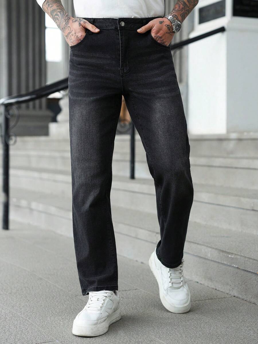 Manfinity Homme Men's Casual Everyday Commute Simple Versatile Solid Color Straight Leg Jeans - Black - View 1
