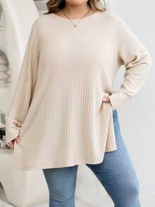 SHEIN CURVE+ Plus Size Pit Stripe Slit Long Sleeved T-Shirt - Apricot - View 3
