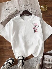 SHEIN 女式休闲花卉印花圆领短袖T恤，夏季 - 白色 - 查看 2