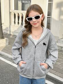 SHEIN Tween Girls Casual Knit Sweatshirt Jacket With Embroidery, Zipper And Pockets, Suitable For Weekends, Casual Outings, Back To School, Autumn/Winter, Tween Girl Zip Up Sweatshirt, Tween Girl Zip Up Top, Kids Grey Girl Jacket - Grey - View 2