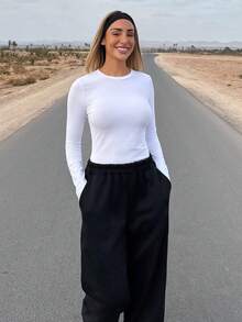 Mélanie ORL 2pcs Black & White Casual Long Sleeve Fitted Long T-Shirt Set, Suitable For Autumn & Winter,Fall Clothes For Women - Black and White - View 1