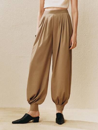 Arave 女士A字灯笼裤高腰褶裥锥形裤腿休闲工作裤