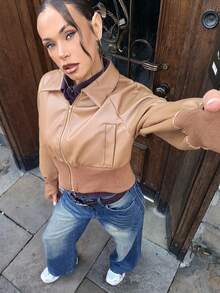 Chiquease Jaqueta de Couro PU de Ajuste Slim com Colarinho Retrô, Zíper, Lapela Vintage, Cintura de Qualidade, Outono/Inverno - Caqui - Visão 5