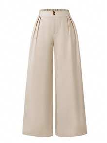 SHEIN Casual Apricot Wide-Leg Pants, Loose Fit Design Showcasing Relaxed Vibe, Suitable For School, Weekend Leisure Occasions, Spring & Autumn Tween Girl Dress Pant Suit Teen Two Piece Pantsuit Tween Girl Wide Leg Pants Two Piece Set Teen Girls - Apricot - View 4