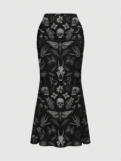 Goth Gonna a sirena con arricciature, stile gotico, scuro e misterioso, con stampa integrale di foresta, piante, fiori, teschio, falena, farfalla, fungo, sole, luna, stelle e foglie, per le donne