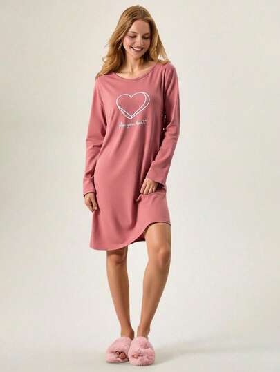 Loomlin Women Katoenen Round Neck Heart Lettered Long Sleeve Homewear Pajama Dress Nightgown Sleep Wear Loungewear Lounge Sets view 3