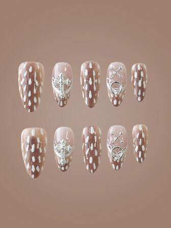 Anime 10 piezas de uñas postizas de alta calidad con diseños adorables de moños, notas musicales y estrellas, talla grande 3 piezas de adhesivo doble cara. Pegatinas de arte de uñas desmontables con cadena de cristal, estilo francés Y2K con lunares, adecuadas para vacaciones, fiestas, baile y uso diario.