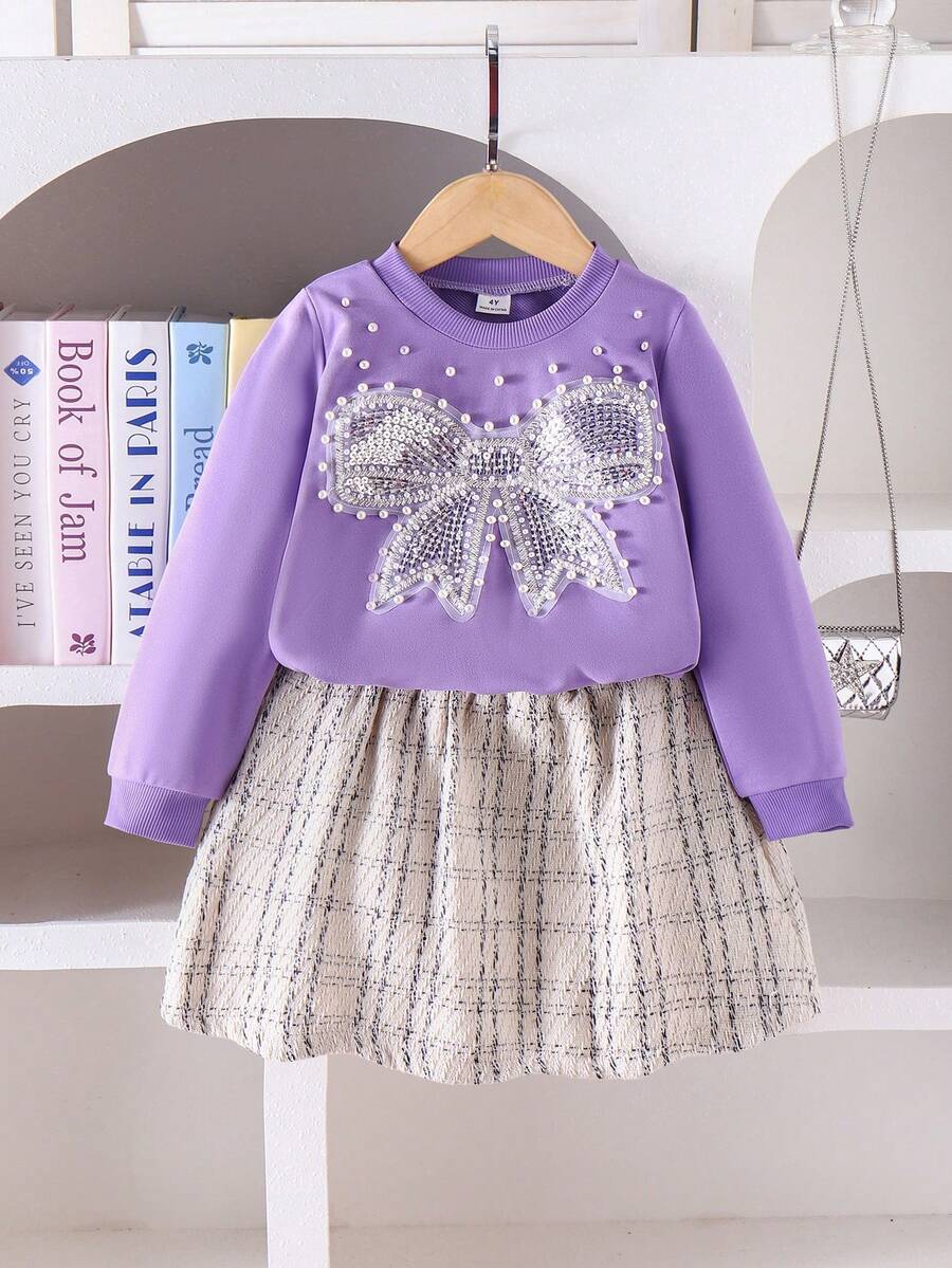 Elladie kids 少女优雅蝴蝶结亮片仿珍珠圆领长袖卫衣搭配格子印花迷你裙套装,秋冬款 - 紫色 - 查看 1