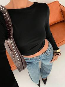 SHEIN EZwear Women's Black Backless Fitted Long Sleeve T-Shirt, New Autumn/Winter Style, Black Backless Top Tie Back Top Backless Shirts Women Sexy Tops - Black - View 4