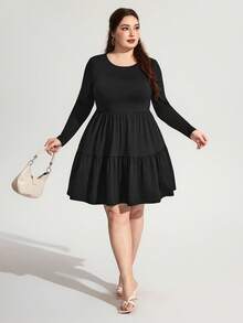 Enliva Große Größen Apfel-förmiges Damen Schwarz Langarm Locker Große Größen T-Shirt Kleid Herbst Kleidung für Damen, Winter, CURVE PLUS