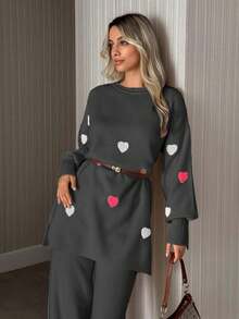 EURMUSE Women Heart Embroidery Balloon Sleeve Sweater And Pant Knit Set