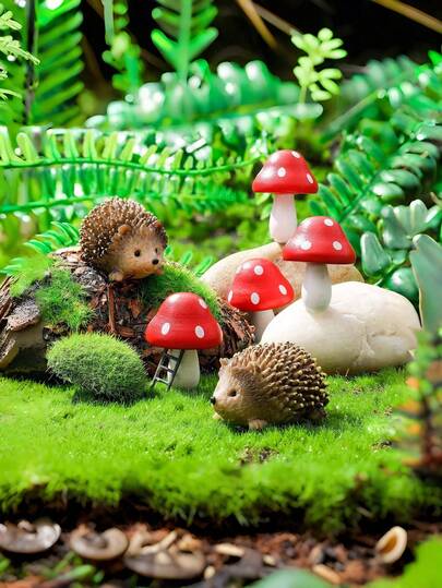 Accesorios de jardín Erizo de resina y seta de madera Accesorios de jardín en miniatura Accesorios de jardín de hadas Bonsái Paisaje micro