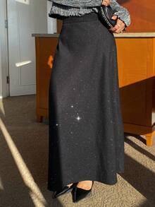 Livesso Elegant Black Sequin Embellished Skirt, Suitable For New Year, Christmas, Wedding, Party, Formal Occasions, Autumn/Winter - Black - View 2