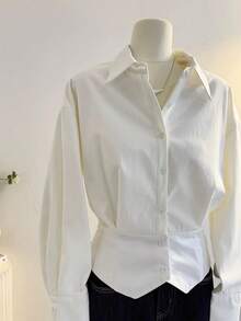INAWLY Women's White Front Button Down Dropped Shoulder Long Sleeve Casual Blouse - White - View 3
