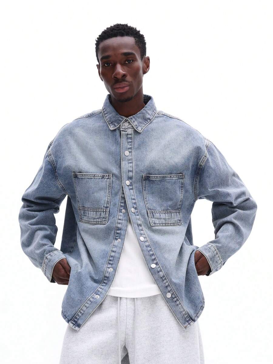 Áo sơ mi denim dáng regular fit SUMWON cài nút, cổ điển, hai túi ngực, tay dài, màu xanh nhạt, kiểu dáng casual, công sở, trơn. - Màu xanh lam - Xem 1