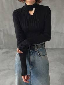 FRIFUL Women's Casual Solid Color Hollow Out Stand Collar Sweater, Autumn/Winter - Black - View 3