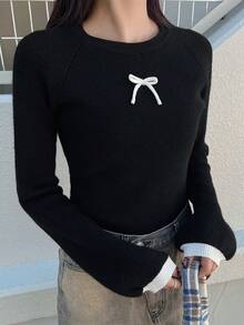 FRIFUL Women's Color Block Bow Cuff Crew Neck Long Sleeve Fitted Slim Pullover Sweater, Versatile For Autumn/Winter