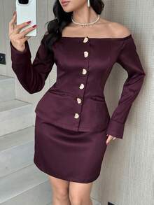 Modelyn Damen Metall Einreiher Off-Shoulder Langarm Bluse und Midi Rock elegantes 2 Stücke Set - Bordeaux - Übersicht 2