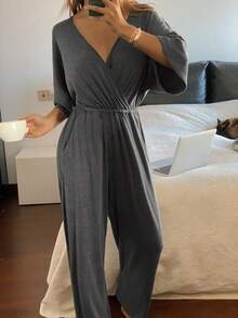 DAZY Women's Minimalist Waist Cinched Knit Jumpsuit Pajamas - Grey - View 3