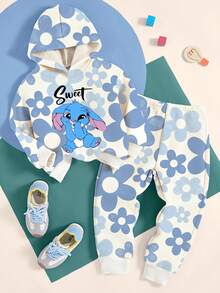 SHEIN GraphicGems 2件套女婴兔子与花卉印花撞色连帽卫衣和裤子套装，适合秋冬春三季室内外休闲日常穿着，可爱迷人。 - 彩色 - 查看 1