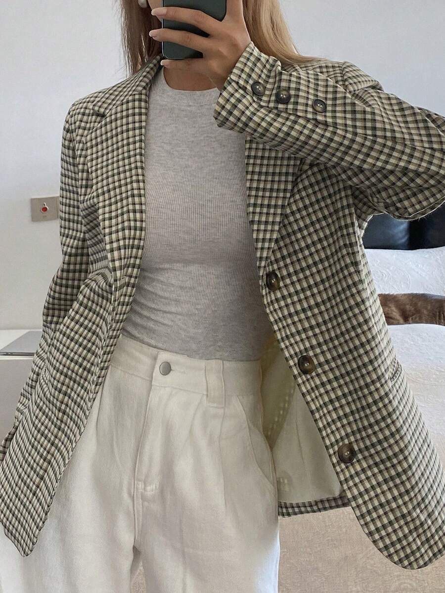 DAZY 女士休闲/办公通勤学院风印花翻领轻薄西装外套，春秋季 - 卡其色 - 查看 1
