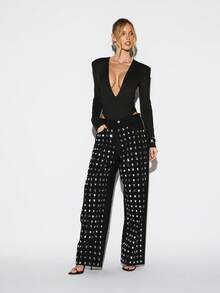 KIZN Body de manga larga con hombros acolchados, escote en V profundo y silueta ajustada para ocasiones de noche - Negro - Ver 4