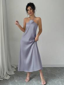 Elenzga 优雅露背3D立体花卉装饰缎面收腰连衣裙长款女装 - 淺灰色 - 查看 3