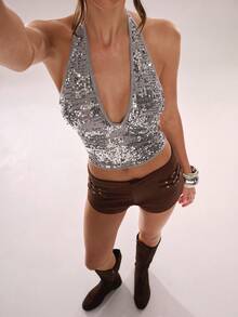 Avenya Women's Fashionable Sleeveless Sequin Embroidered V-Neck Halter Top - Grey - View 2
