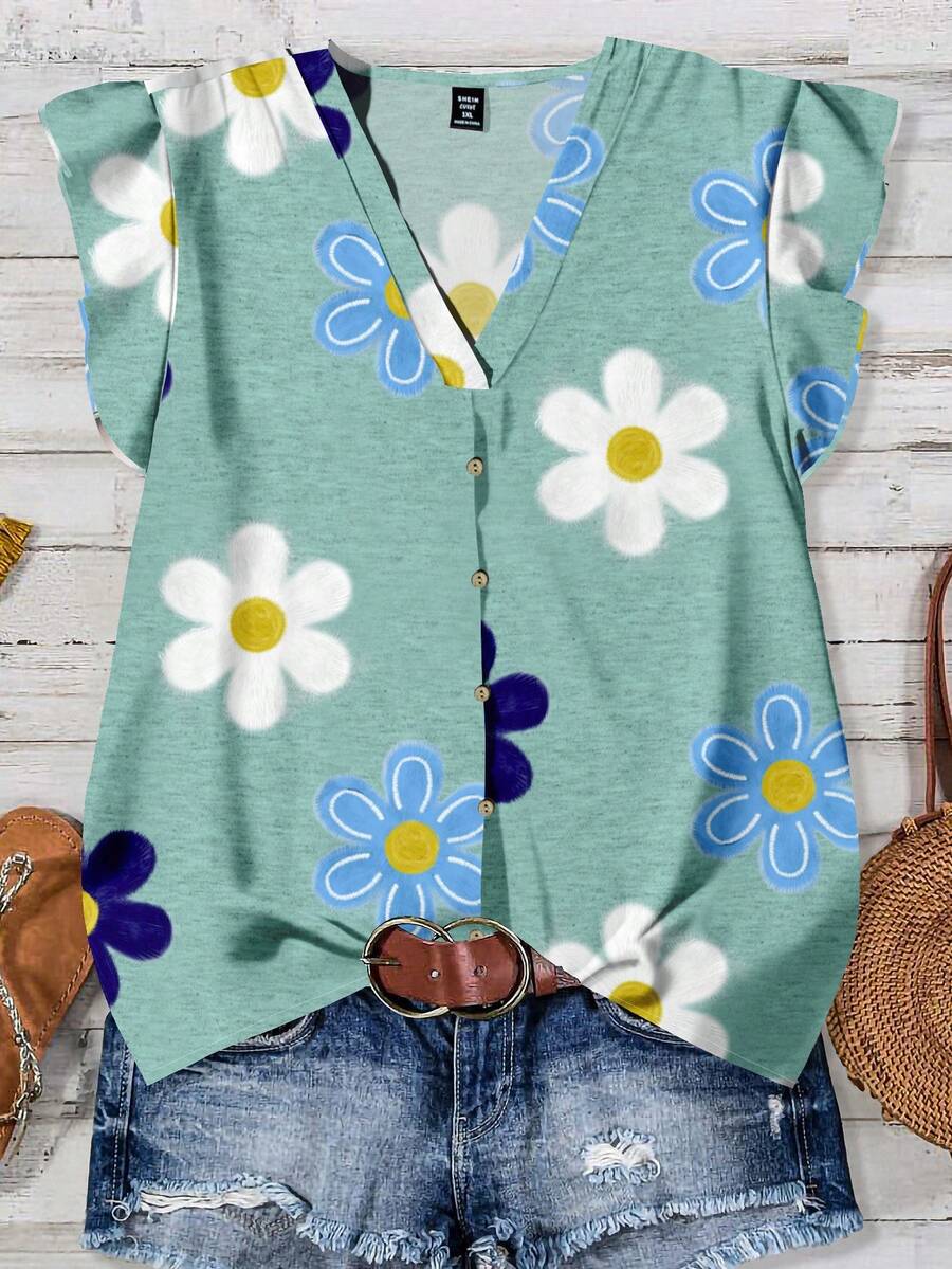 EMERY ROSE 女士休闲印花V领荷叶边袖口上衣，夏季花朵上衣，女士夏季上衣，春季休闲上衣，女士夏季休闲上衣 - 彩色 - 查看 1