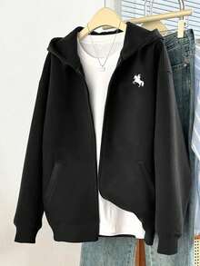 Sparklyn Tween Girls' Casual Solid Color Hooded Jacket, Autumn/Winter - Black - View 1