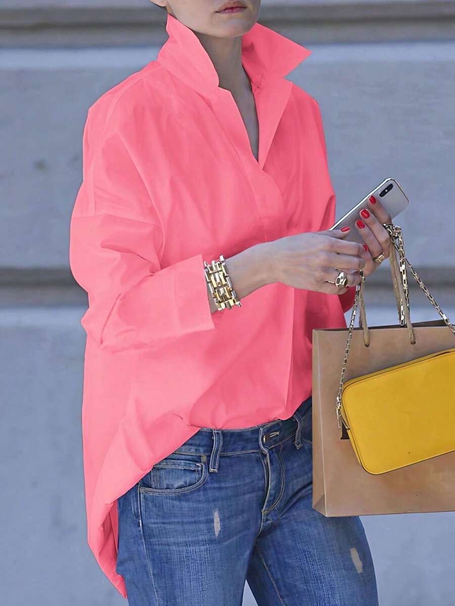 SHEIN LUNE 休闲纯色落肩宽松高低衬衫 - 珊瑚粉 - 查看 1