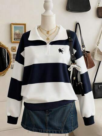 Lalippa Women's Casual Sporty Colorblock Striped Pattern Half-Zip Turndown Collar Dropped Shoulder Loose Sweatshirt, Spring/Autumn